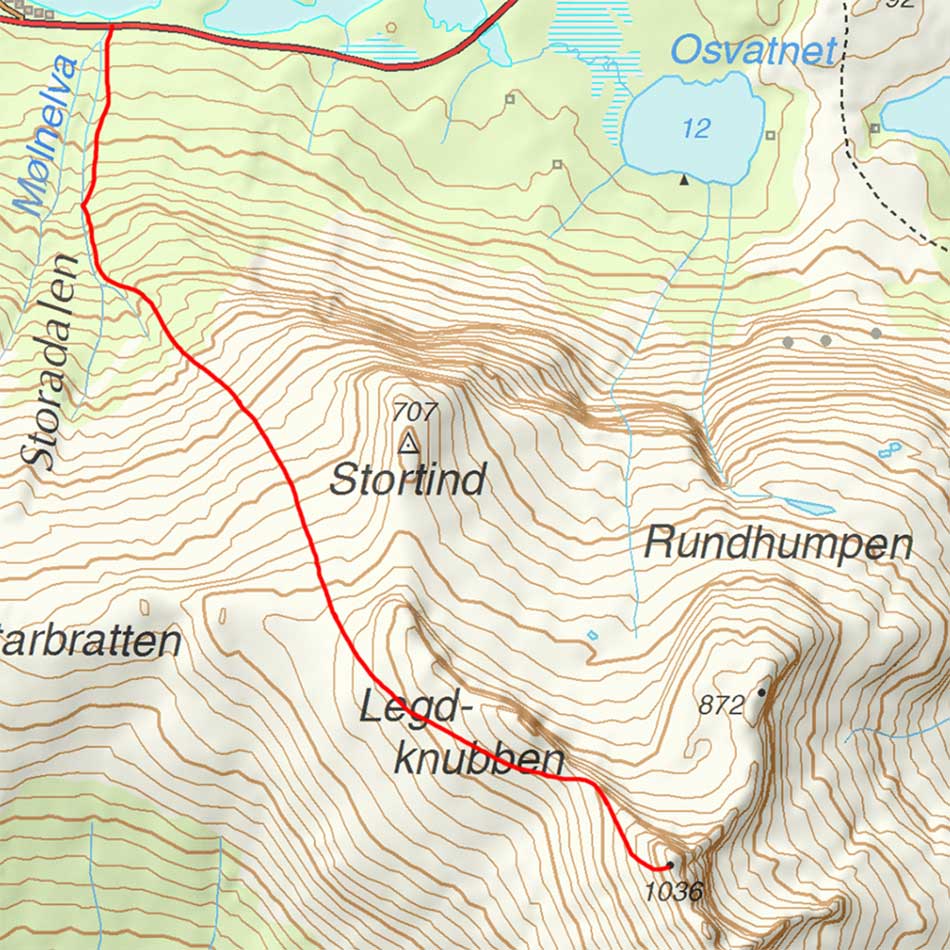 Kart med inntegnet rute til Per Karlsatind