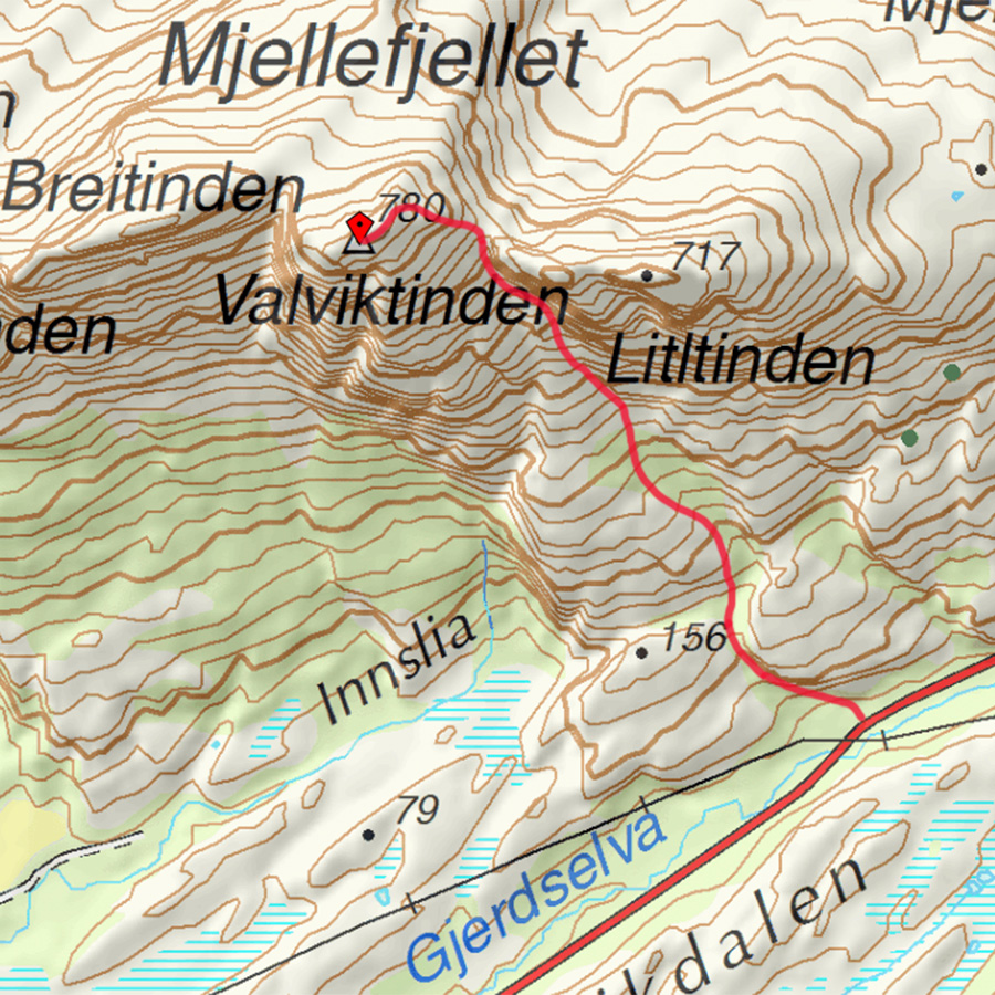 Kart med inntegnet rute til Valviktinden