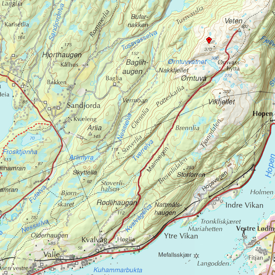 Kart med inntegnet rute til Veten på Hopsfjellet