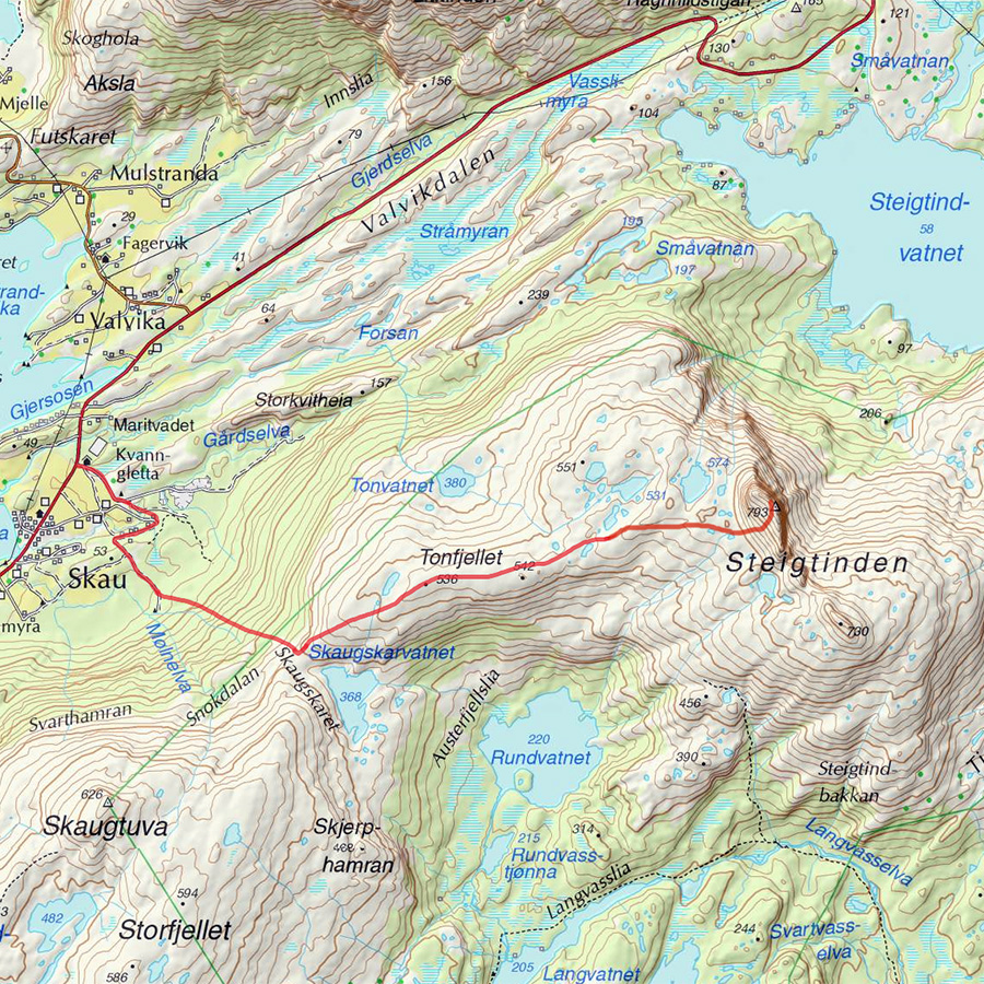 Kart med inntegnet rute til Veten på Steigtinden