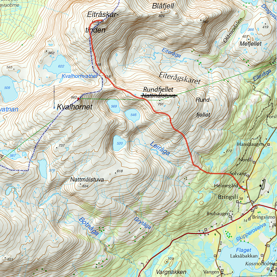 Kart med inntegnet rute til Eitråskartind